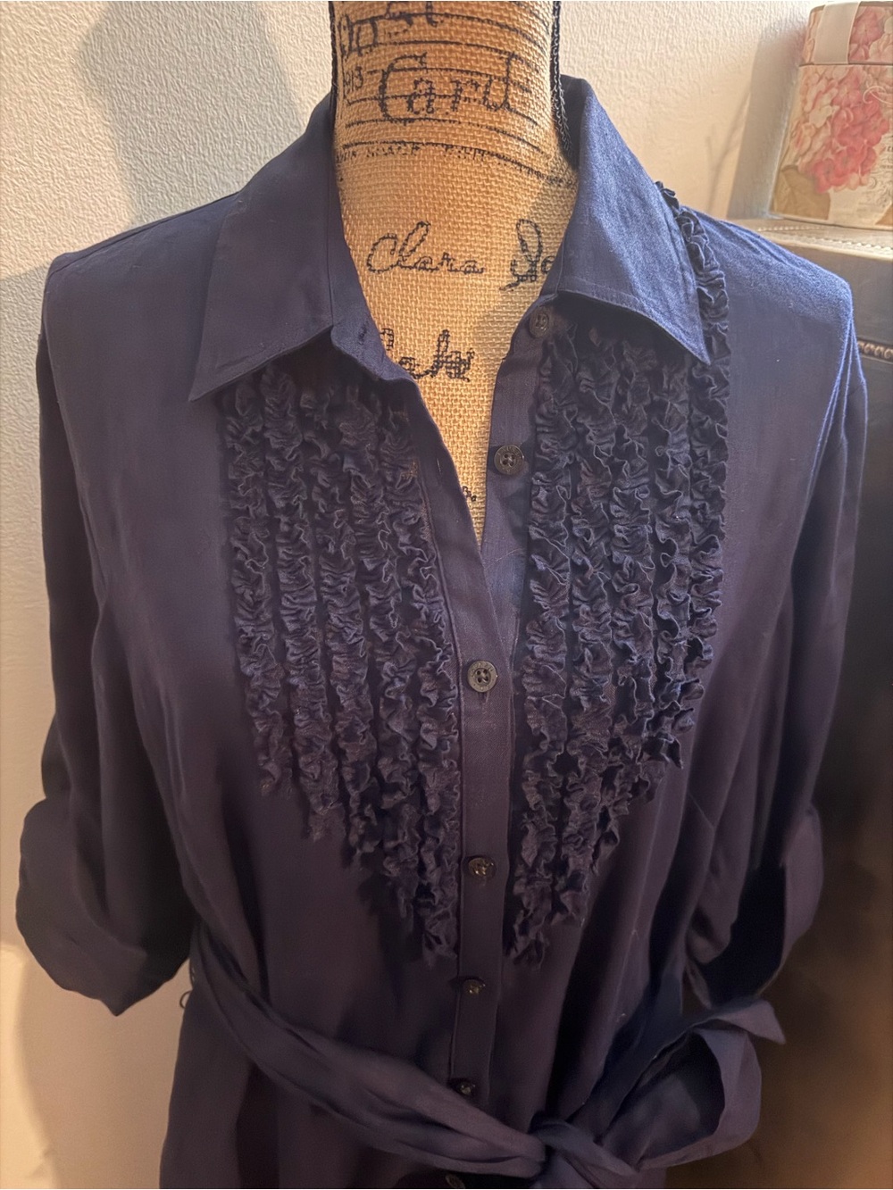 Ralph Lauren Navy Ruffle-Front Button Down Shirt